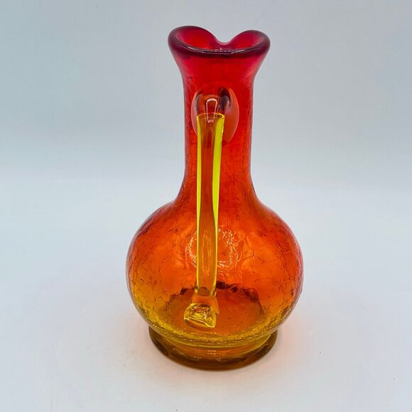 Orange Yellow Amber Crackle Glass Handled Small Pitcher Vase Partial Glow MCM - Picture 3 of 11